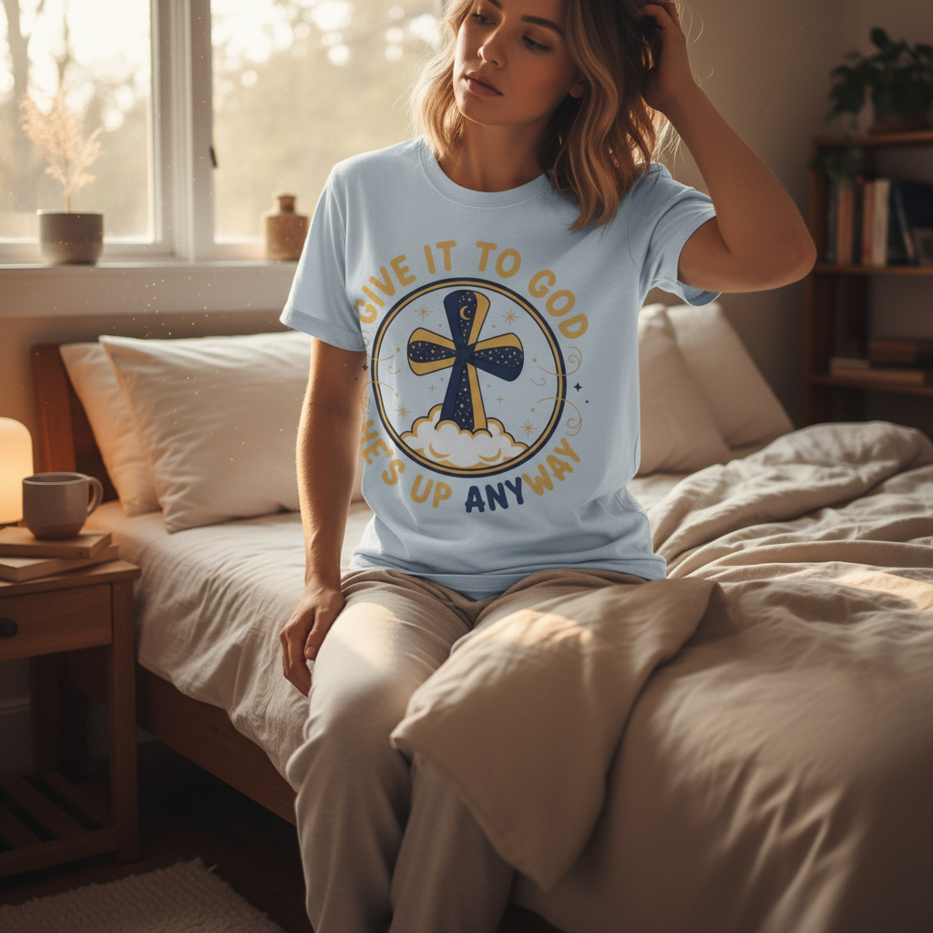 Christian Cross T-Shirt — "Give It to God He's Up Anyway" Faith Tee
