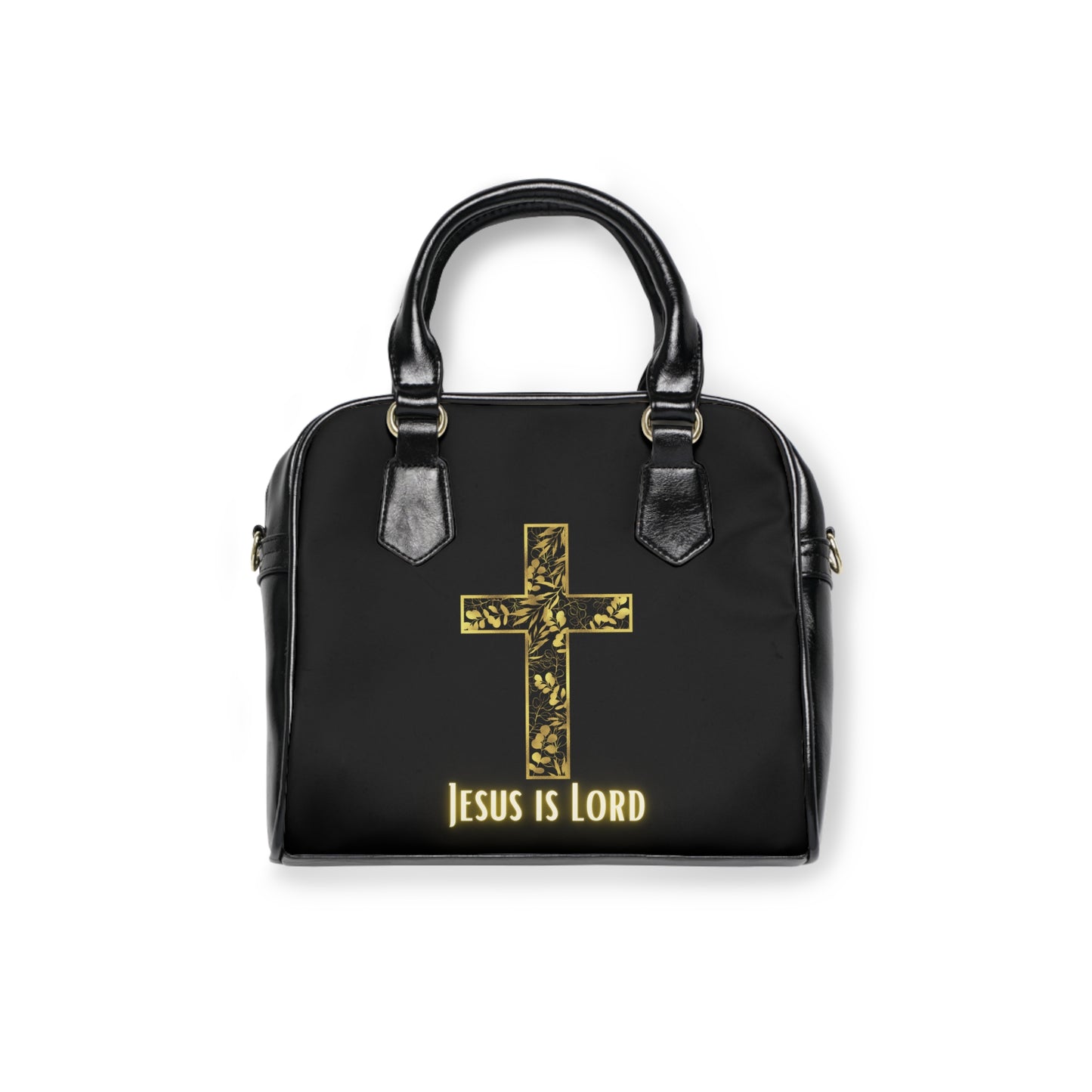 Christian Cross Shoulder Handbag — Gold Floral Cross 'Jesus Is Lord' Purse