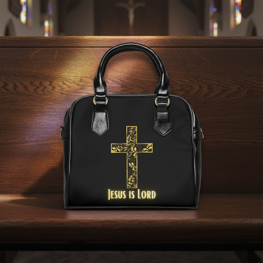 Christian Cross Shoulder Handbag — Gold Floral Cross 'Jesus Is Lord' Purse