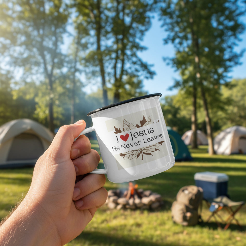 “I Love Jesus—He Never Leaves” Enamel Camp Cup