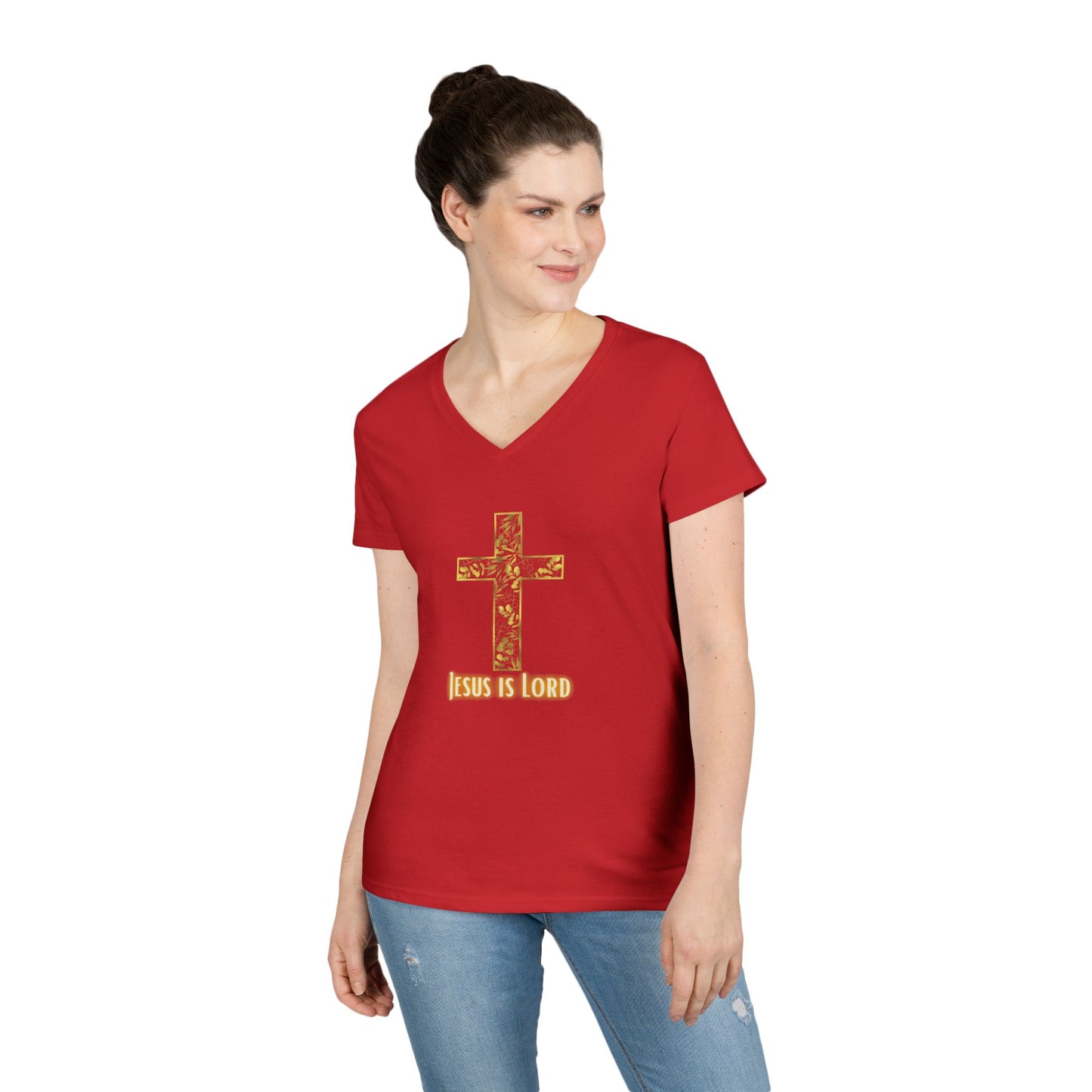 Women's Floral Cross V‑Neck T‑Shirt — Faith Over Fear Inspirational Top