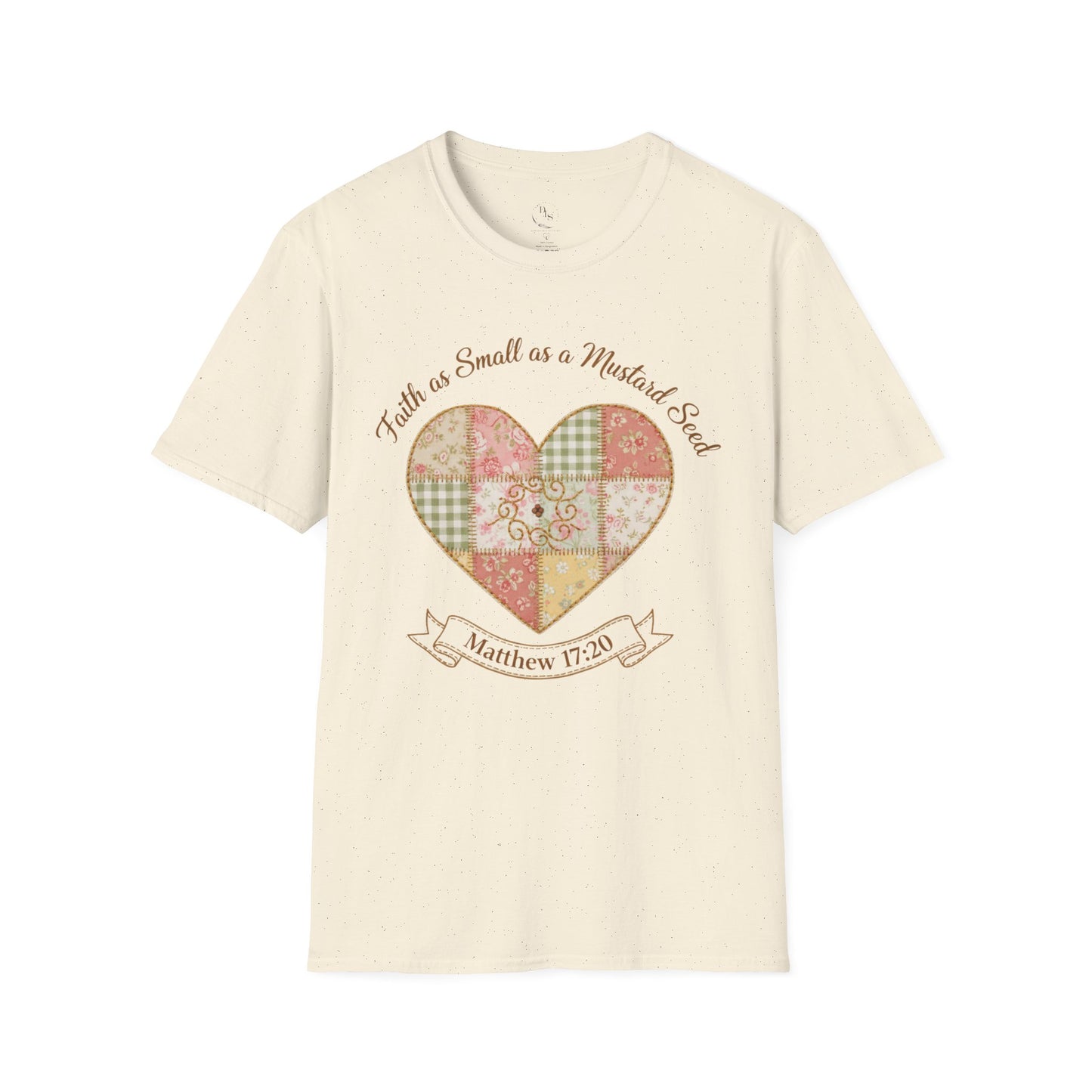 Faith as Small as a Mustard Seed T-Shirt — Heart Patchwork Matthew 17:20 Christian Tee