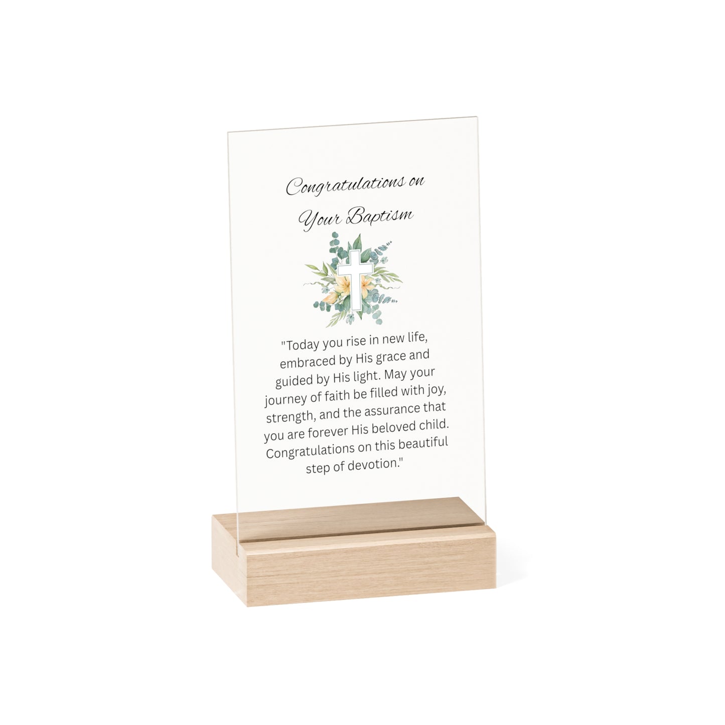 Acrylic Baptism Sign with Wooden Stand — Congratulations on Your Baptism Keepsake