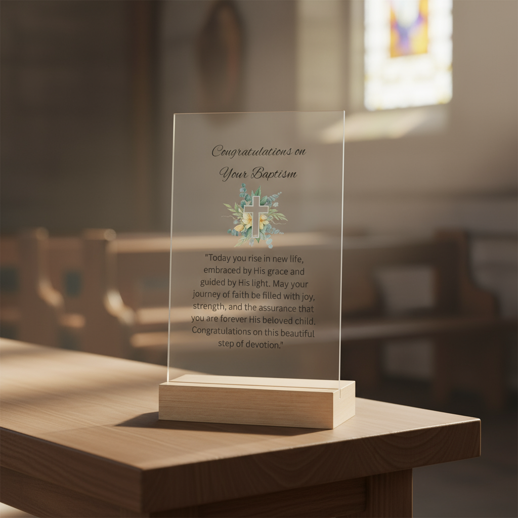 Acrylic Baptism Sign with Wooden Stand — Congratulations on Your Baptism Keepsake
