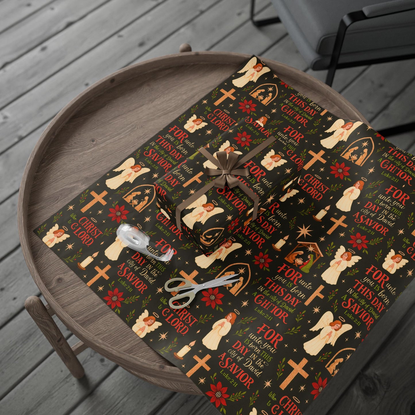 Christian Nativity Wrapping Paper – 'For This Day a Savior Is Born' Holiday Gift Wrap (Angels, Crosses & Manger Pattern)