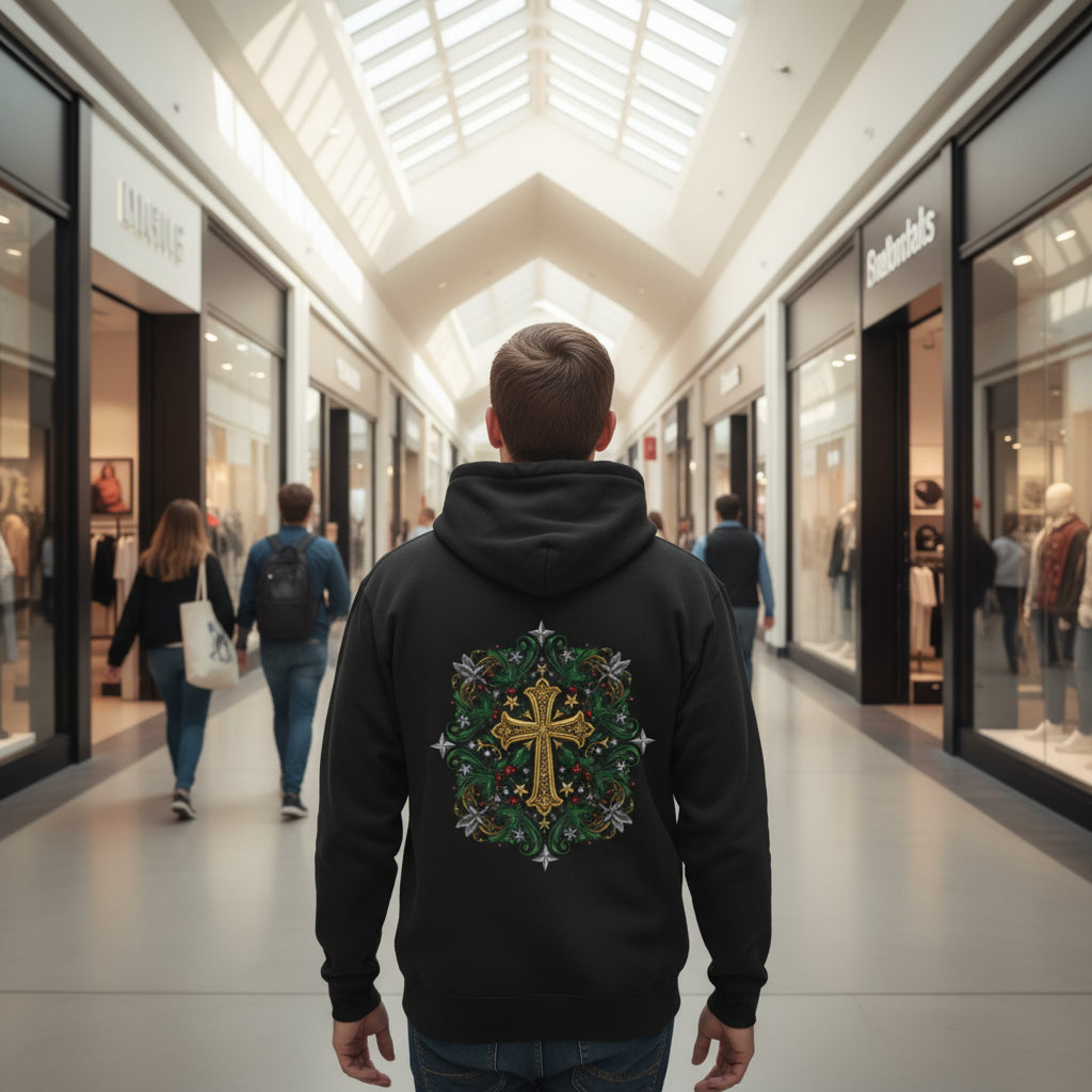 Stylish Three-Panel Fleece Hoodie with Unique Cross Design