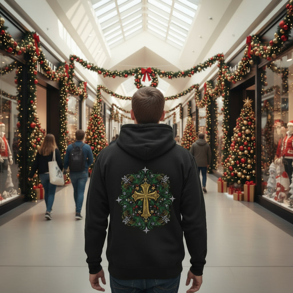 Stylish Three-Panel Fleece Hoodie with Unique Cross Design