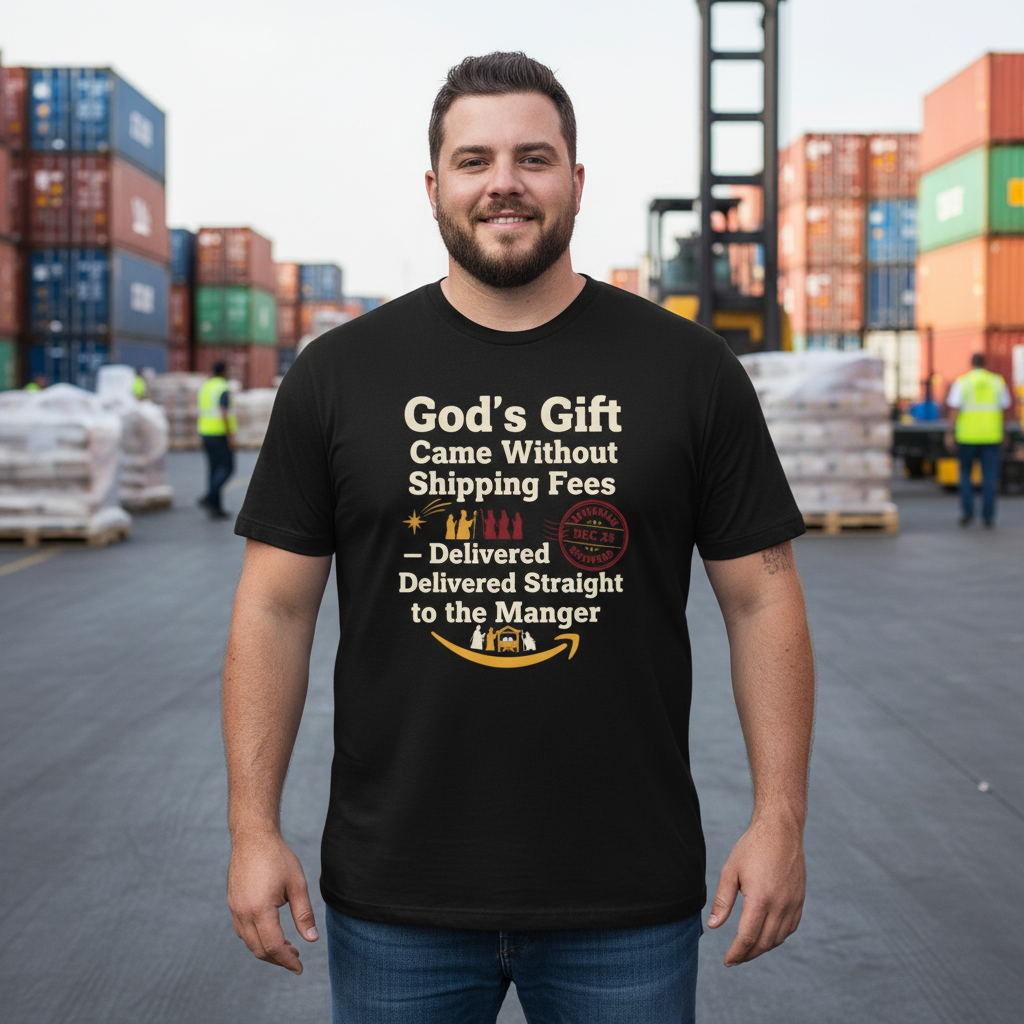 Christmas Tee — “God’s Gift Came Without Shipping Fees” Nativity Funny Religious Shirt