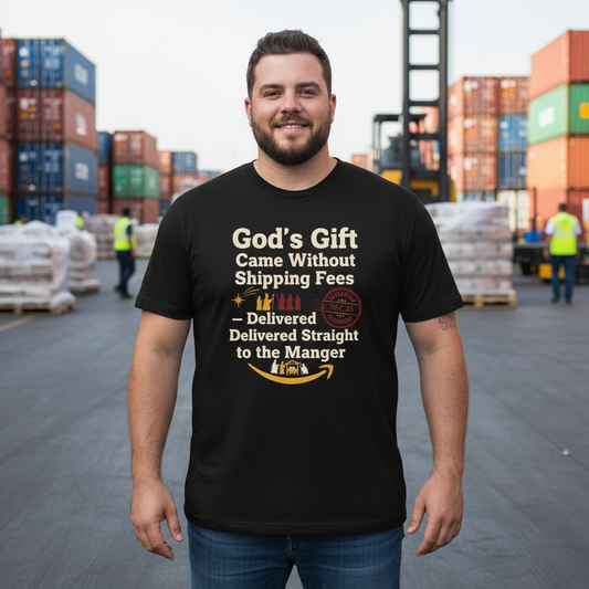 Christmas Tee — “God’s Gift Came Without Shipping Fees” Nativity Funny Religious Shirt