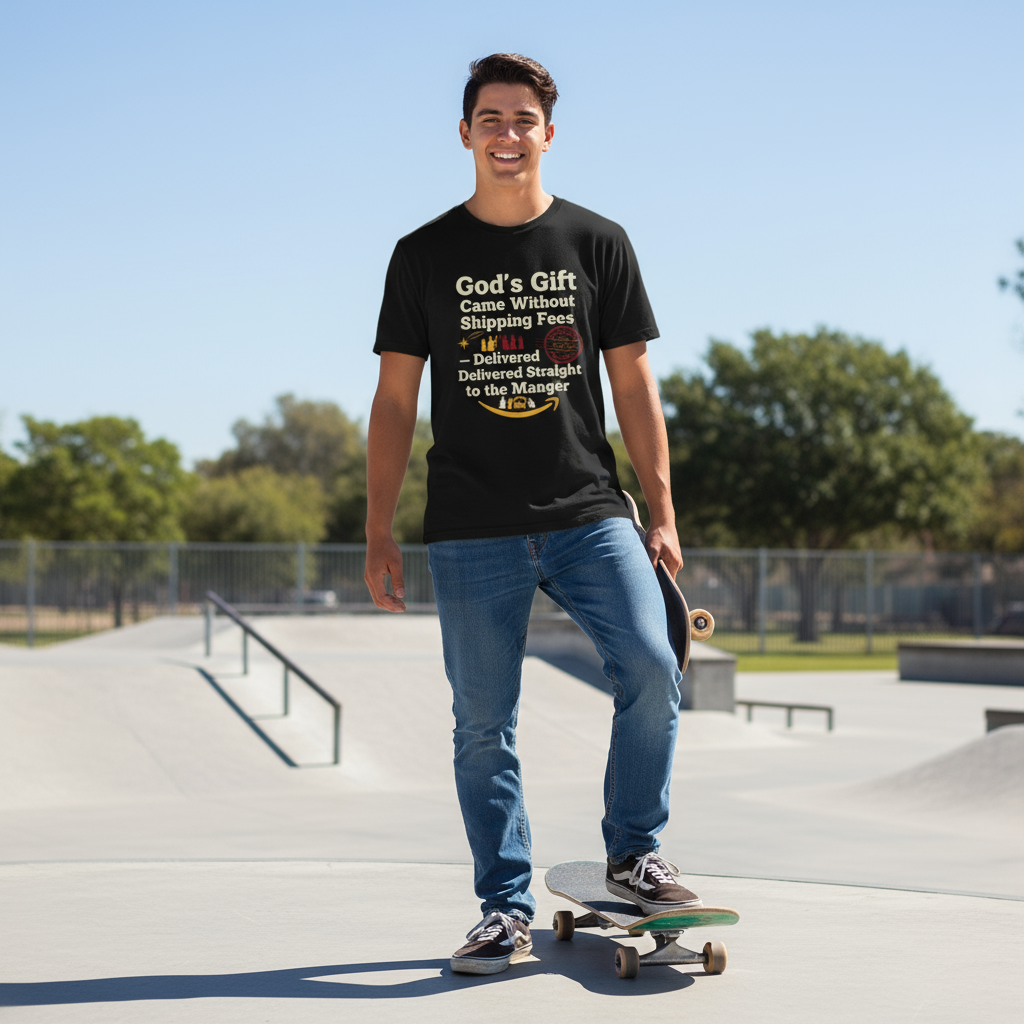 Christmas Tee — “God’s Gift Came Without Shipping Fees” Nativity Funny Religious Shirt