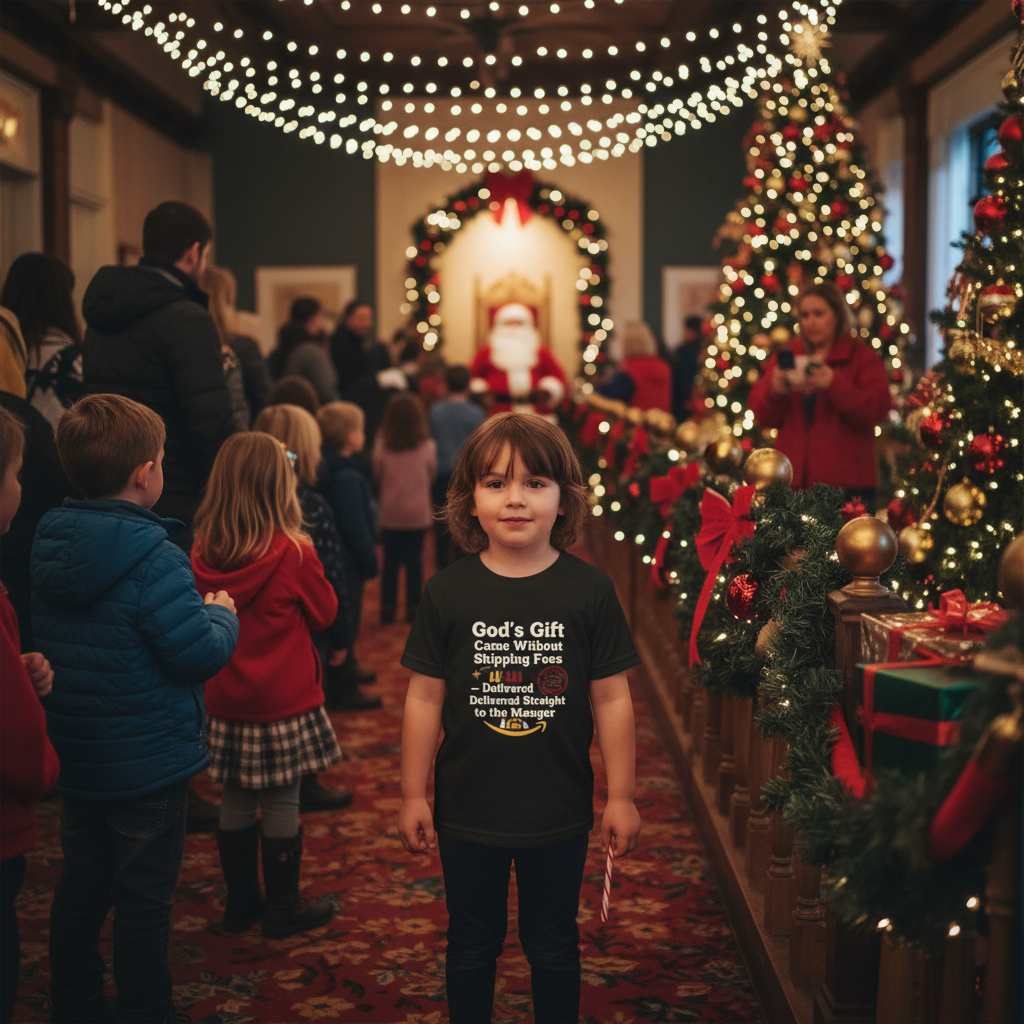 Christmas Tee — “God’s Gift Came Without Shipping Fees” Nativity Funny Religious Shirt
