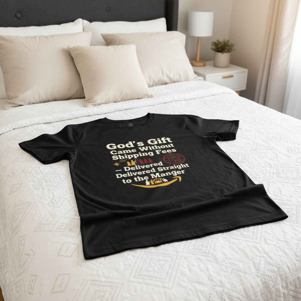 Christmas Tee — “God’s Gift Came Without Shipping Fees” Nativity Funny Religious Shirt