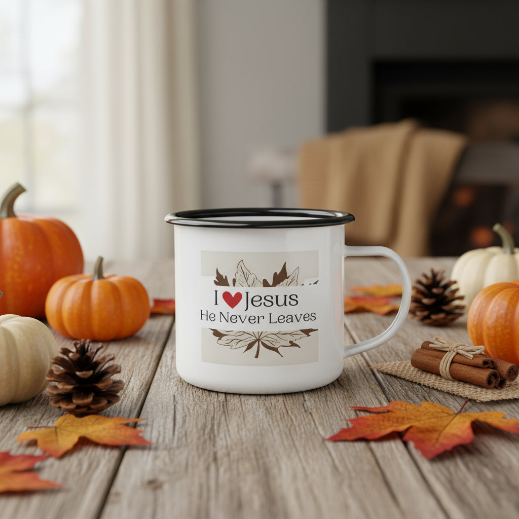 “I Love Jesus—He Never Leaves” Enamel Camp Cup