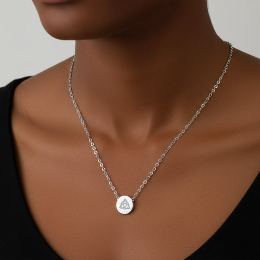 Irish Trinity Knott Mini Engraved Circle Necklace — Petite Trinity Symbol Pendant, Personalized Everyday Jewelry