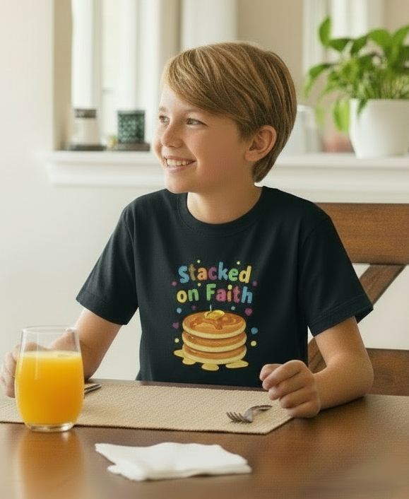 Kids T-Shirt — "Stacked on Faith" Pancake Graphic Tee for Christian Kids