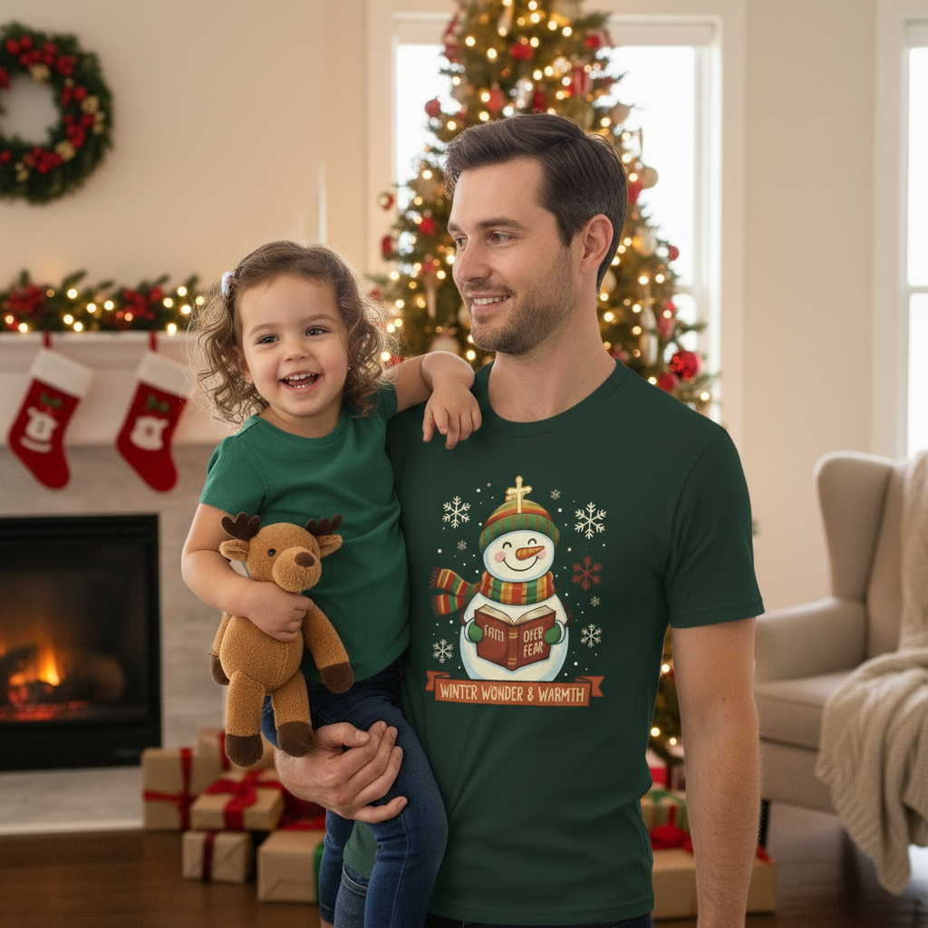 Winter Wonder Warmth Snowman Christmas Tee - Faith Over Fear Snowman Design