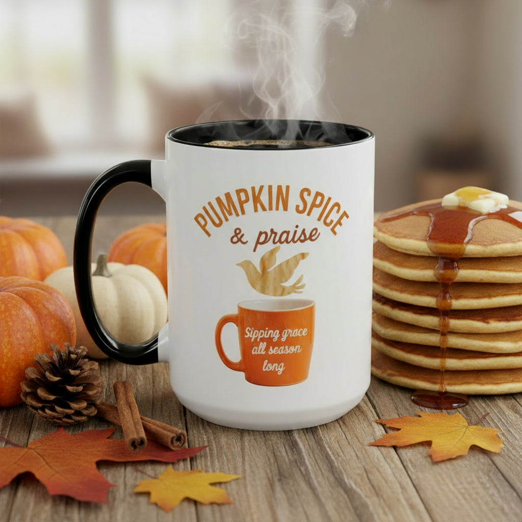“Pumpkin Spice & Praise” fall comfort coffee cup. Give God all the praise well you enjoy your pumpkin spice.