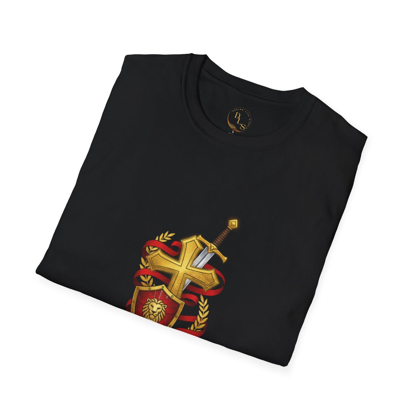 Christian Battle Shield T-Shirt — "The Battle Is The Lord's" (1 Samuel 17:47)