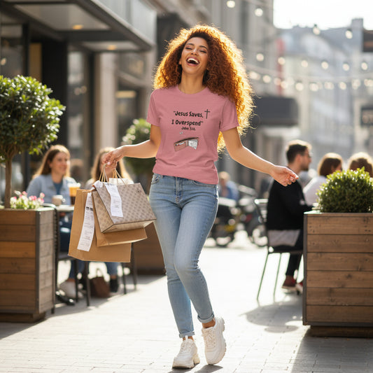 Funny Christian T-Shirt – “Jesus Saves, I Overspend” | Faith & Finance Humor Tee