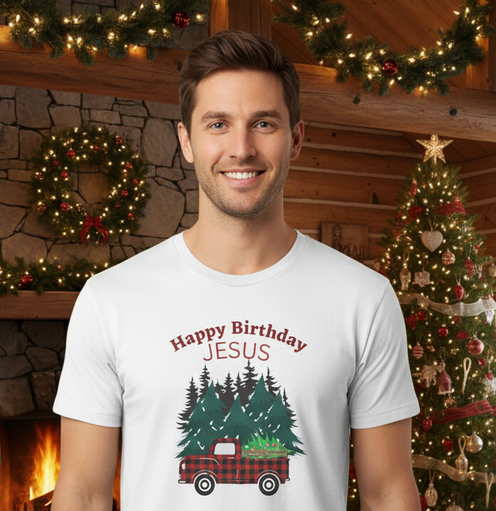 Happy Birthday Jesus Christmas Tee — Plaid Truck & Tree Holiday T-Shirt