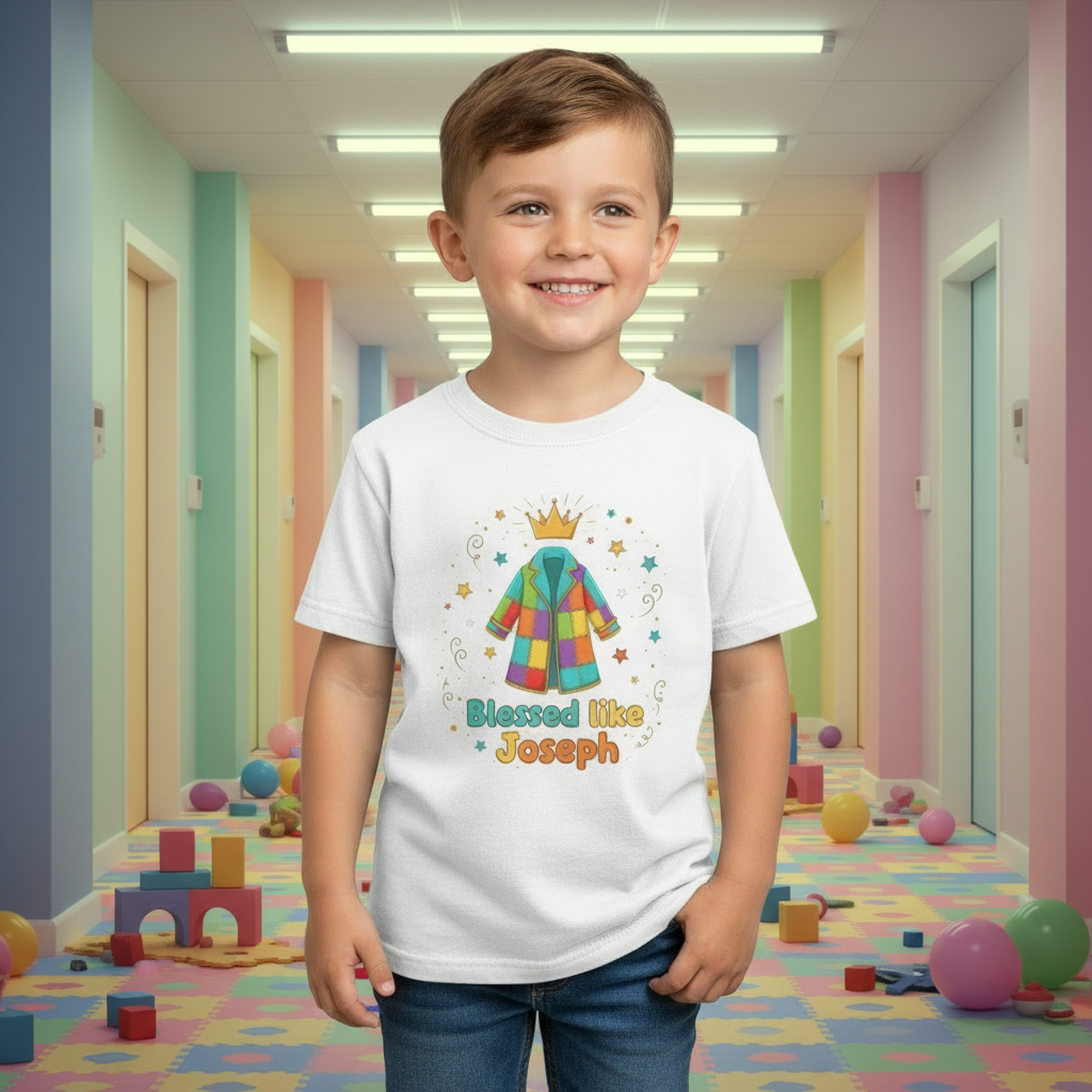 Kids Tee — 'Blessed like Joseph' Colorful Coat Kids Shirt (Religious Easter Nativity Gift)