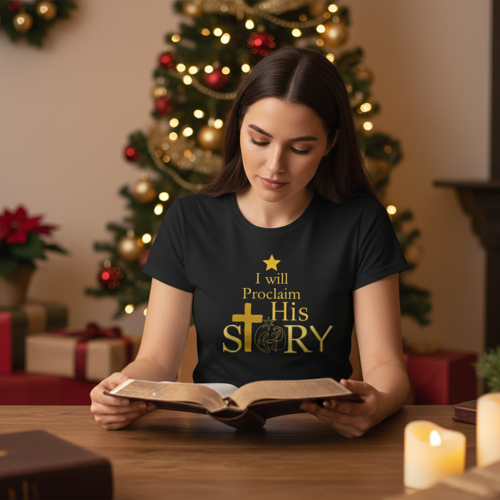 Christian T-Shirt - "I Will Proclaim His Story" Faith Tee (Gold Cross)